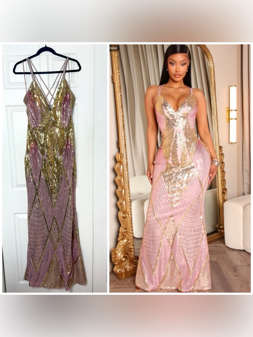 Fashion Nova Pink Gold Sequin Mesh V-Neck Maxi Dress Gown Spaghetti Strap XL